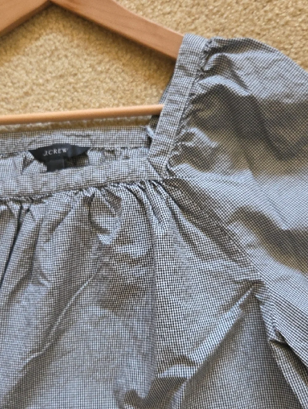 J. Crew Gray Checked Square Neck Peasant Blouse 100% Cotton Sz 8 Boho Cottage